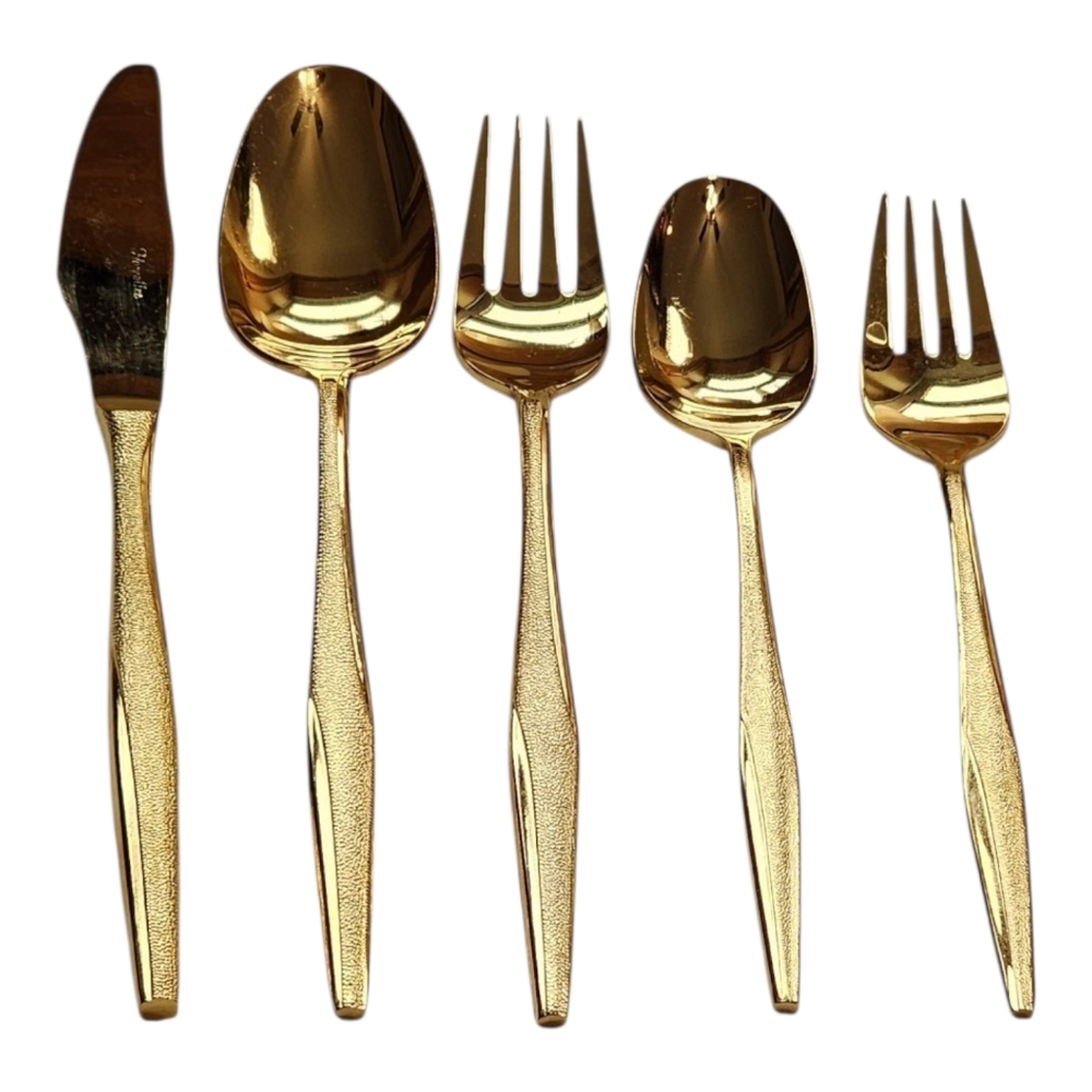 1960's Florentine Flatware Set Gold 24k Ectroplated Silverware 5pc Place Setting